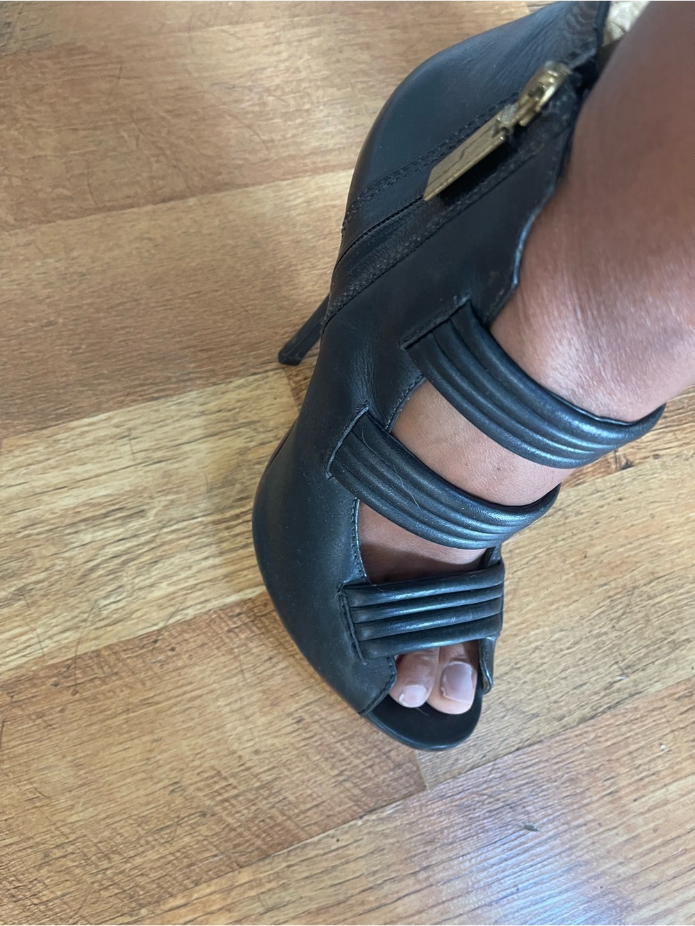 L.A.M.B. Black Women's Peep-Toe Ankle Strap Heels - Picture 8 of 9